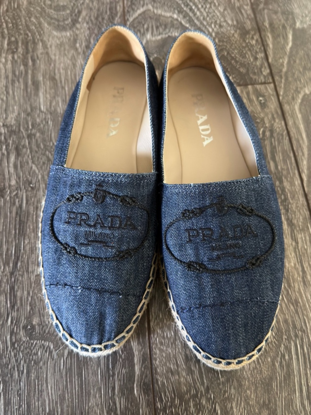 Prada Denim Espadrilles in Dark Blue with Black Embroidery
